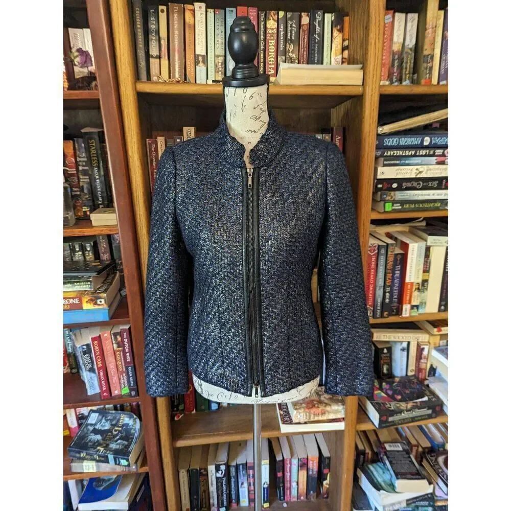 Lafayette 148 new York zip up wool/ poly blend jacket blue metallic finish euc 4